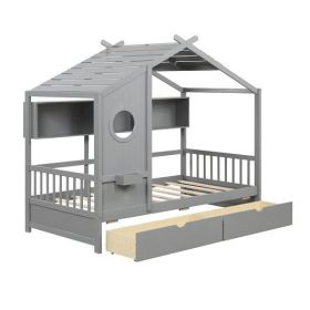 Twin Size House Bed with 2 Storage Drawers and Fence Guardrails-Gray