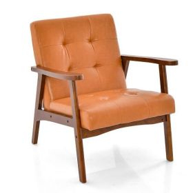 Mid Century Accent Chair with Solid Rubber Wood Frame and Leather Cover-Black