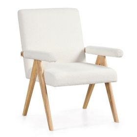 Mid Century Modern Accent Chair with Rubber Wood Frame and Padded Armrests-White