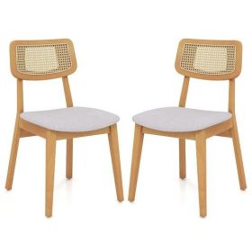 Rattan Dining Chair Set of 2 with Can Back and Rubber Wood Frame-Natural