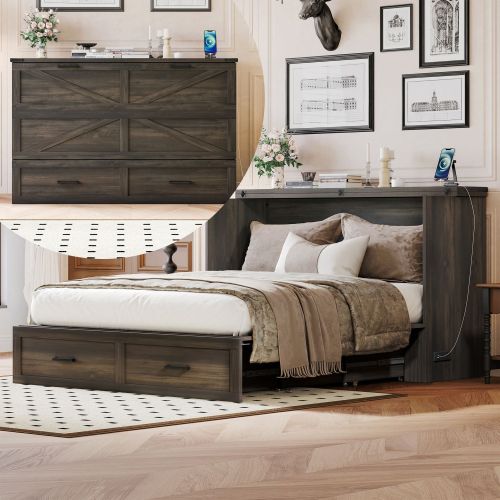 Queen Size Farmhouse Murphy Cabinet Bed with Charging Station, Foldable Platform Bed with Large Storage Drawer for Guest-Room, Small Bedroom Queen Size Farmhouse Murphy Cabinet Bed with Charging Station, Foldable Platform Bed with Large Storage Drawer for Guest-Room, Small Bedroom