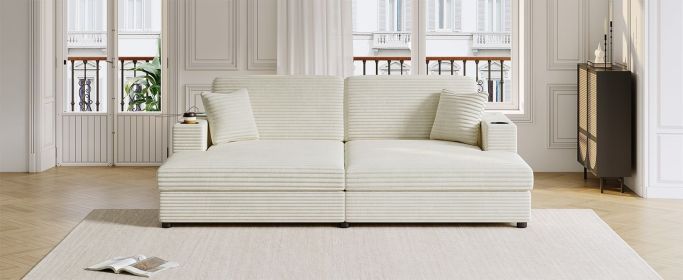 86.5" Oversized Loveseat Chaise Lounge Sectional Sofa Bed Corduroy Sleeper Sofa with Two USB Ports
