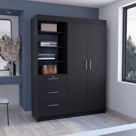 Kenya 3 Drawers Armoire, Double Door, 3-Tier Shelf -Black (Color: as Pic)