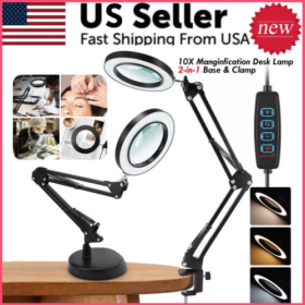 Magnifying Glass Desk Light Magnifier LED Lamp Reading Lamp With Base& Clamp 10X (Color: Black)